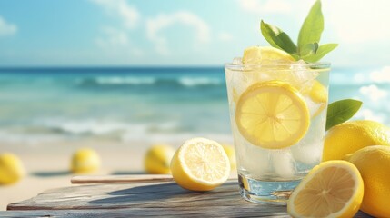 Refreshing drink with lemons on wooden table next to beach background.
