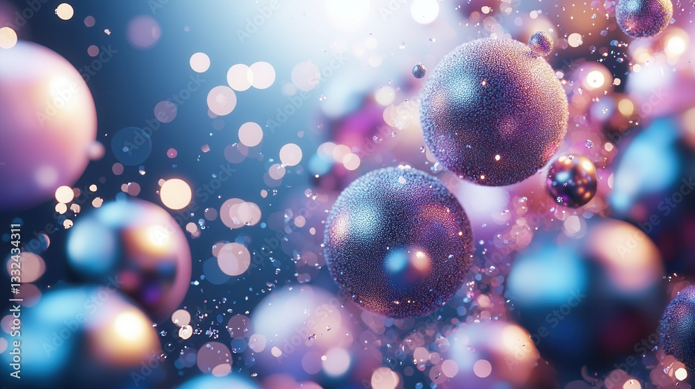 Poster a mesmerizing display of colorful iridescent spheres floating and glowing against a dreamy bokeh fil