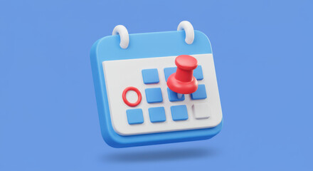 3D icon of a calendar with a marked date and a pin on it