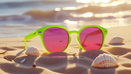 Obraz premium Vibrant Summer Sunglasses with Pink Lenses on Seashore