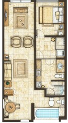 Studio Apartment Floor Plan, Interior Design, Modern Style