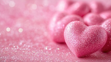 Fototapeta premium Valentine's Day-themed pink background with glitter hearts - ideal for postcards, websites