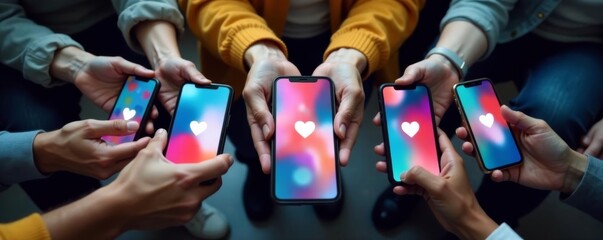 Close-up of diverse hands holding various smartphones with social media icons on screens, hands, digital, technology