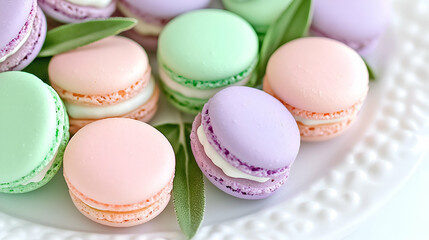 Colorful French Macarons on a Decorative Plate Surrounded by Fresh Green Leaves Showcasing Delightful Pastry Artistry and Culinary Elegance