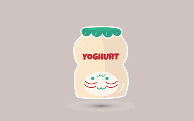A charming digital illustration of a yoghurt bottle with a playful and adorable face design, set against a transparent background.