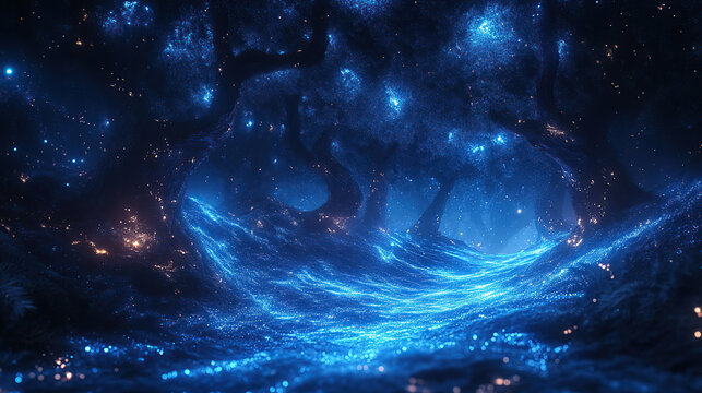 Fractal glowing trees in dark blue forest, holographic data flow effect, quantum technology theme, ultra wide 16:9 background
