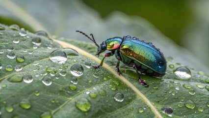 Fototapeta premium Iridescent Mint Beetle on Dewy Leaf