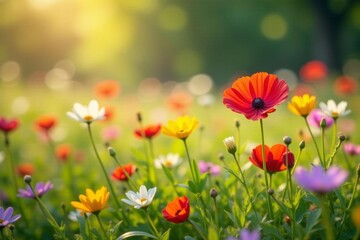 Close-up of colorful wildflowers in a sunlit field, nature, colorful, flowers
