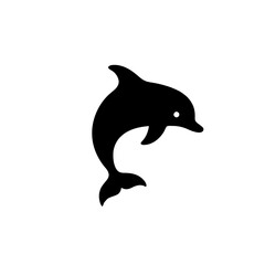 Minimalist black silhouette of a dolphin leaping out of water on white background