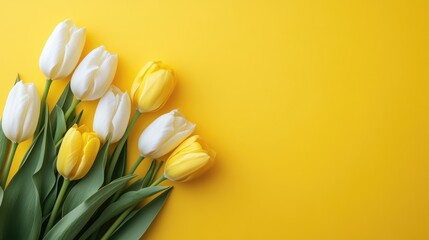 Yellow and white tulip bouquet on yellow background. Flat lay view with space for text