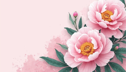 Watercolor pink peony flower illustration with green leaves and copy text space—abstract floral background vector.