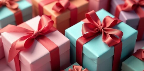 Fototapeta premium Close up of beautifully wrapped gift boxes with decorative bows, celebration, giving, surprise