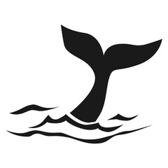Black silhouette of a whale tail in the water.