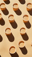Obraz premium Small, eco-friendly disposable cups are meticulously arranged on a golden surface, casting playful shadows that emphasize their circular form. This artistic composition promotes sustainability