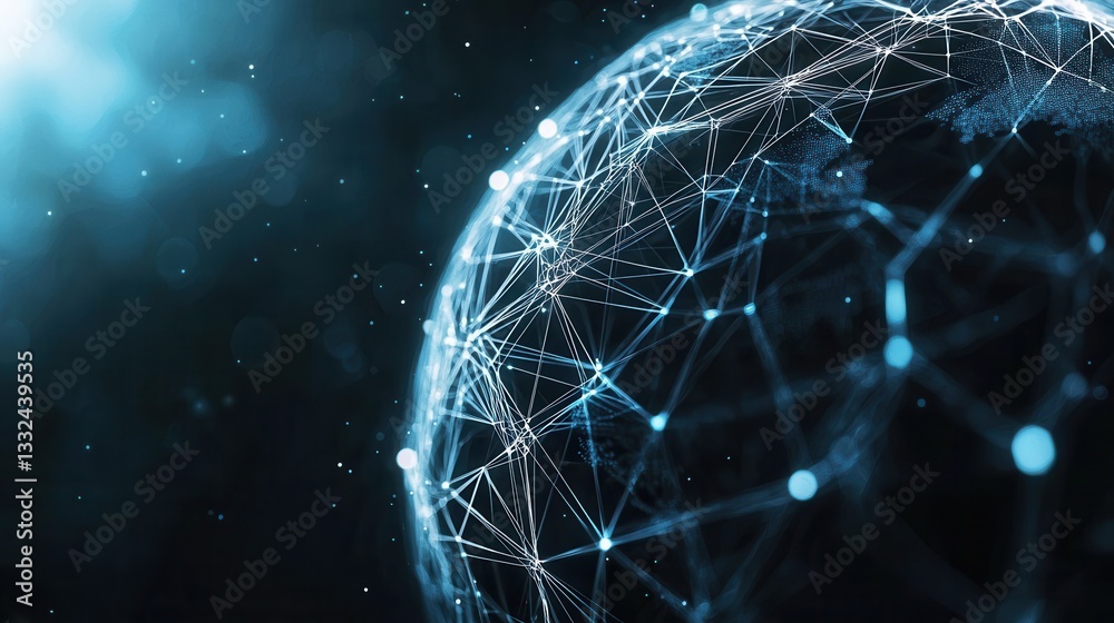 Poster glowing digital network spanning the globe representing the flow and exchange of vast amounts of dat