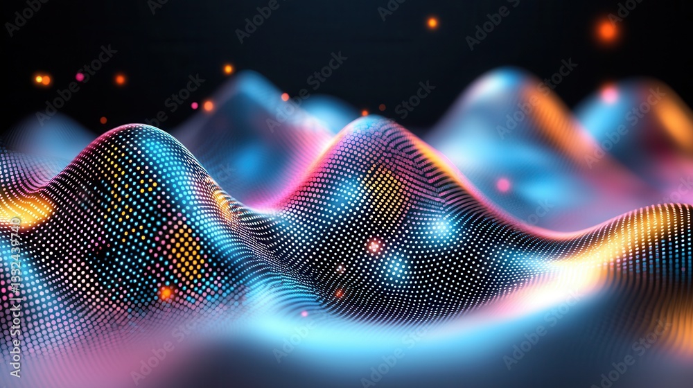 Poster a vibrant futuristic visualization of a dynamic data wave flowing across an intricate interconnected