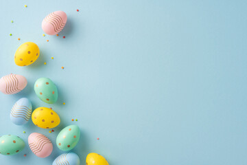 Pastel-colored Easter eggs with decorative designs arranged on a soft backdrop, accompanied by small confetti scattered for a festive holiday feel