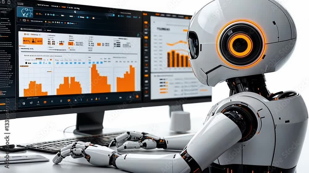 Poster a robotic assistant analyzing data on dual computer screens in a modern workspace environment