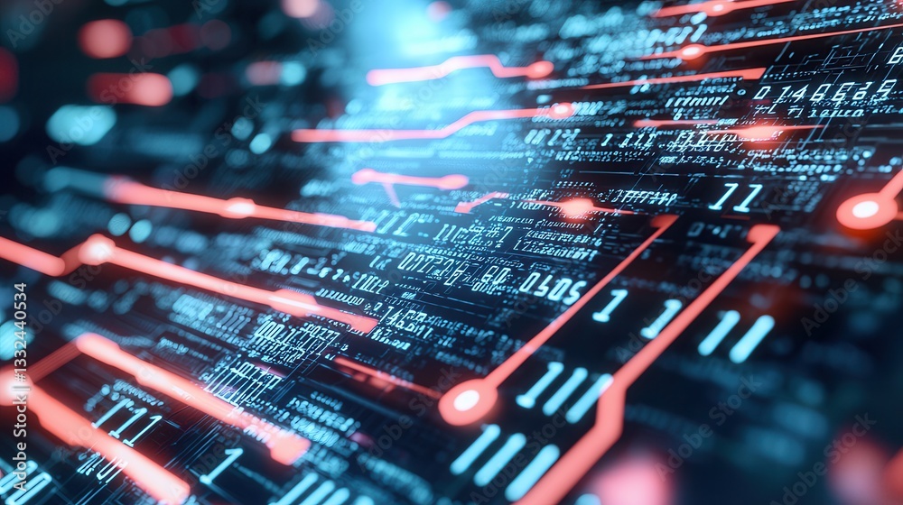 Poster a vibrant dynamic and complex background showcasing the flow of high speed digital signals and futur