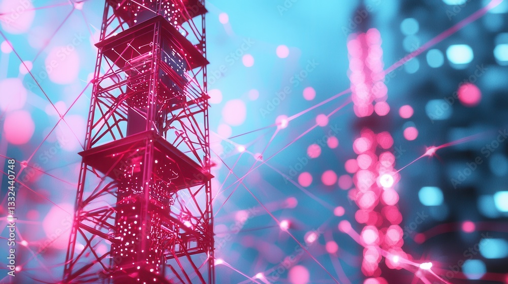 Poster a vibrant neon lit depiction of a futuristic data wave flowing through an intricate interconnected n