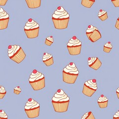 Wallpaper patterns are dotted with scattered bright multicolored small sweet cakes on a pastel colored background.