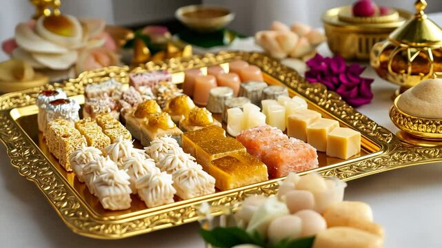 Exquisite assortment of traditional sweets displayed elegantly on a golden ornate tray