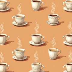 Obraz premium wallpaper patterns dotted with scattered cups of hot coffee with a trickle of steam on a colored background