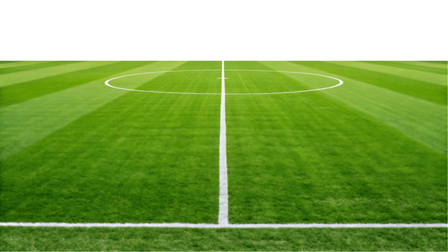 Green soccer field with white lines, isolated on white background.