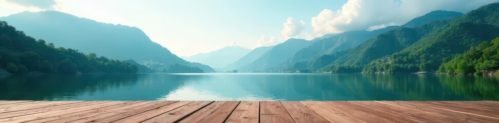 Wooden deck extends over tranquil lake, majestic green Hangzhou mountains in background, calm, scenic, idyllic