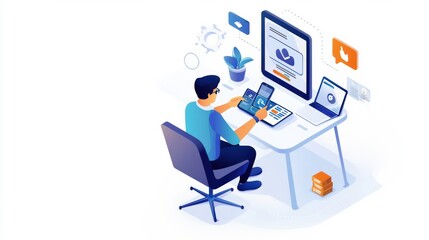 Man Working at Desk with Mobile Devices and Digital Interfaces