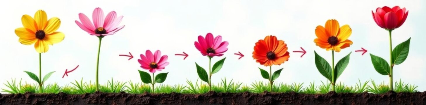 Close-up diagram of flower fertilization process, pollen, biology, anther
