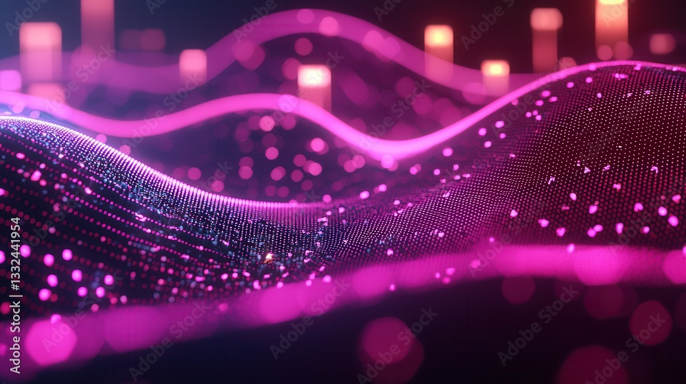 Poster an abstract futuristic visualization of a global data wave and interconnected neural network with vi