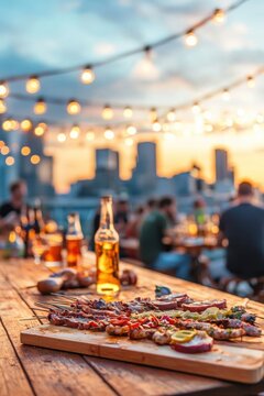 A rooftop party with live music, BBQ, and a skyline view.