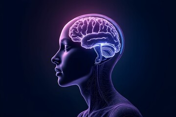 Obraz premium Human head with brain. AI robot. Artificial intelligence concept. Digital technology. Meditation for healing. Mental health concept