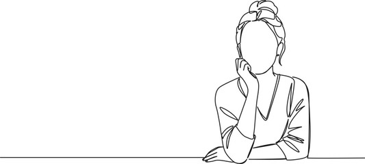 continuous single line drawing of thoughtful woman, hand on chin, line art vector illustration © Christian Horz