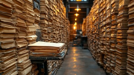 Ancient archive filled with stacked documents