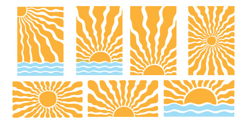 Groovy retro abstract sun backgrounds. Vector illustration.
