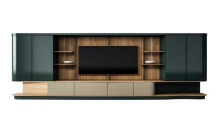 Modern tv stand with flat screen television and transparent background