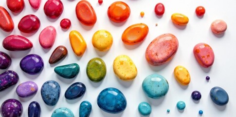 Brightly colored pebbles arranged in a beautiful mosaic pattern on white, arrangement, texture, design