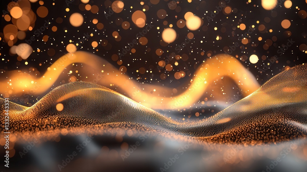 Poster mesmerizing abstract landscape of glowing fluid wave like lines and dynamic shimmering bokeh effects