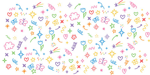 Bright and colorful doodles create a cheerful pattern suitable for children’s projects