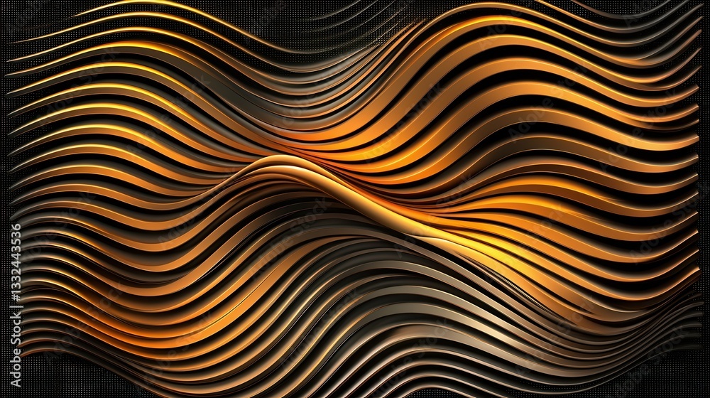 Poster futuristic digital abstract with shimmering gold neon wave like lines flowing and moving in a dynami