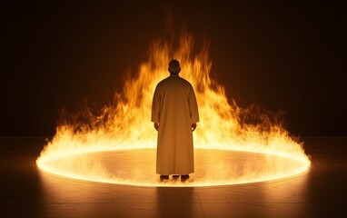 Ethereal Flame's Embrace: An individual stands within a ring of flames, bathed in the warm, yet eerie glow, in this dramatic and thought-provoking image.