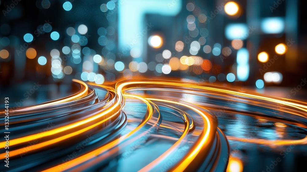Poster an abstract and futuristic digital cityscape with neon colored light trails and wave like patterns c