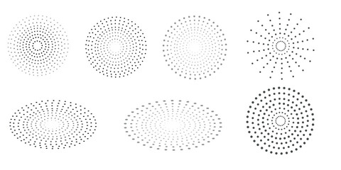 Collection of minimalist circular dot patterns featuring various radial and concentric arrangements in monochrome style.