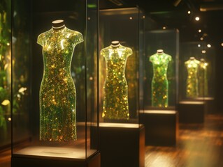 Green holographic dress display in fashion exhibition