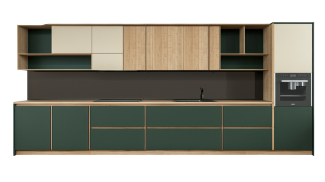 Modern green and wooden kitchen cabinets with integrated appliances on transparent background