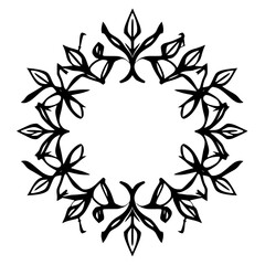 Intricate Black Floral Wreath on White Background, Symmetry Design, Artistic Botanical Circle, Detailed Outline.