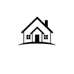 Minimalist Black and White House Logo Depicting a Simple Home with a Roof, Door, Windows, and Chimney, on a White Background.
