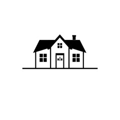 Minimalist Black and White Illustration of a Classic Two-Story House with Roof, Chimney, and Square Windows.